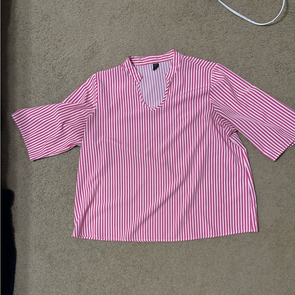 01X quarter sleeve pink and white striped shirt